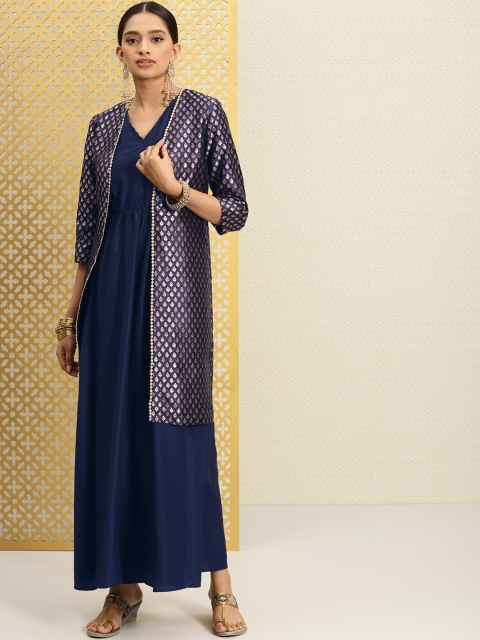 

House of Pataudi Women Navy Blue A-Line Kurta with Brocade Jacket