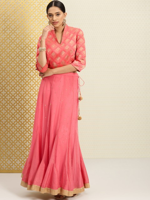 

House of Pataudi Women Peach-Coloured & Gold Brocade Top with Sequined Godet Skirt