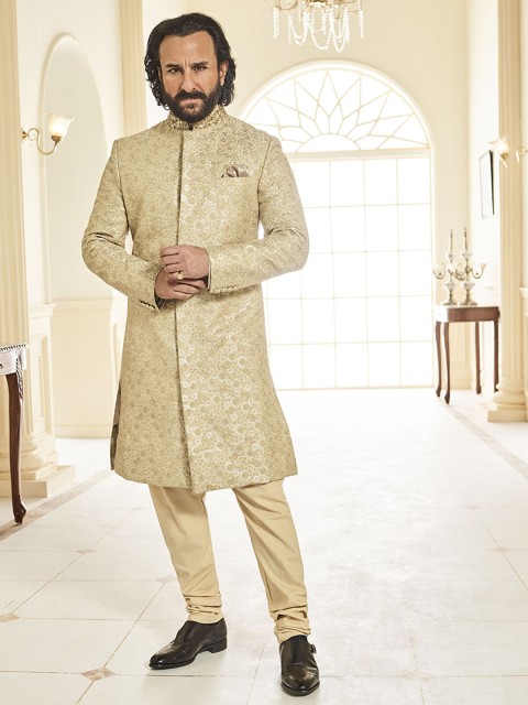 

House of Pataudi Men Cream Embroidered Jacquard Sherwani with Solid Kurta & Churidar