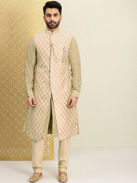 

House of Pataudi Men Beige Embroidered Jacquard Sherwani with Achkan & Pyjama