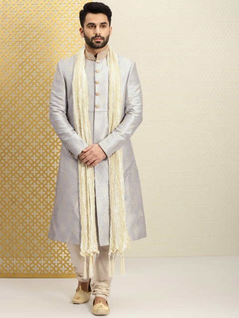 

House of Pataudi Men Grey Embroidered Jacquard Sherwani with Kurta & Pyjama Pants