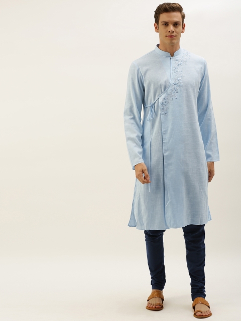 

House of Pataudi Men Deep Sky Blue Embroiderd Angarkha Kurta with Churidar