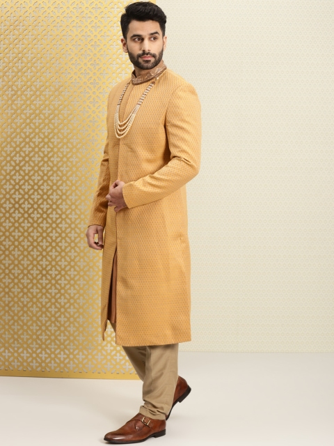 

House of Pataudi Men Mustard Embroidered Jacquard Sherwani With Pin Tuck Kurta & Pyjama