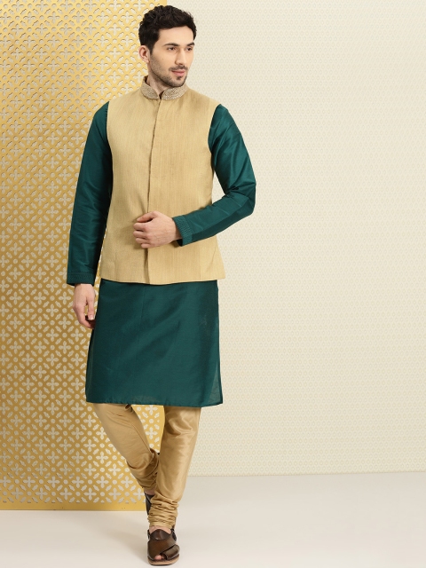 

House of Pataudi Men Gold Embroidered Nehru Jacket with Deep Embroidered Kurta & Churidar, Green