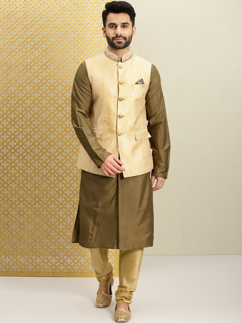 

House of Pataudi Men Gold Embroidered Nehru Jacket & Olive-Brown Kurta with Churidar, Beige