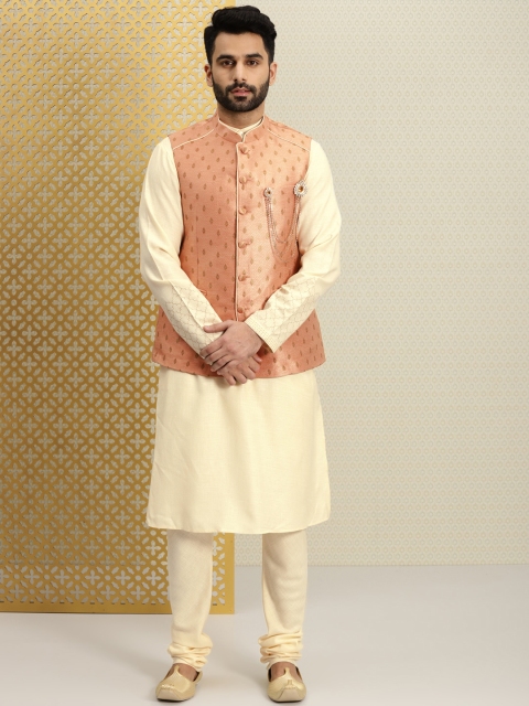 

House of Pataudi Men Pastel Orange Jacquard Nehru Jacket with Kurta and Churidar