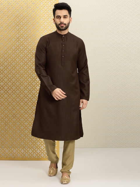

House of Pataudi Men Brown & Beige Solid Kurta with Churidar