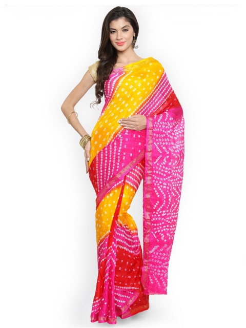 

Geroo Jaipur Yellow & Pink Art Silk Printed Bandhani Saree