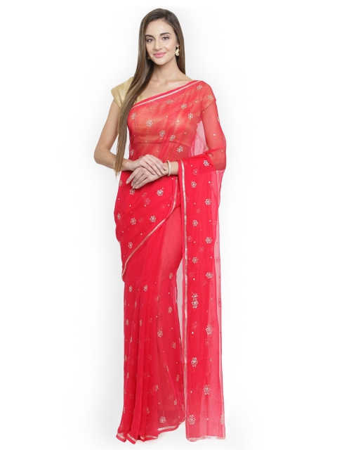 

Geroo Jaipur Coral & Silver-Toned Pure Chiffon Embroidered Saree