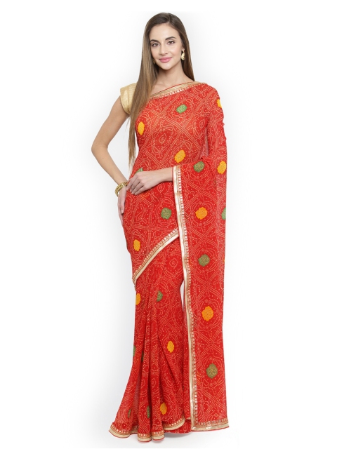 

Geroo Jaipur Red & Mustard Pure Chiffon Printed Bandhani Saree