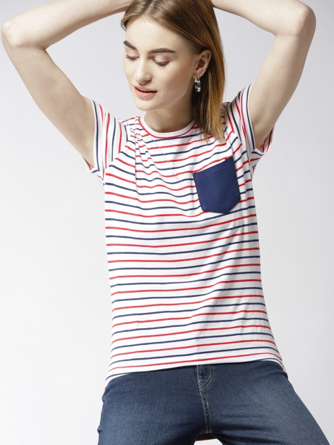 

Mast & Harbour Women Navy Blue Striped Round Neck T-shirt