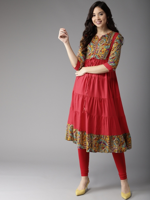 

HERE&NOW Women Red & Mustard Yellow Printed Kurta with Churidar