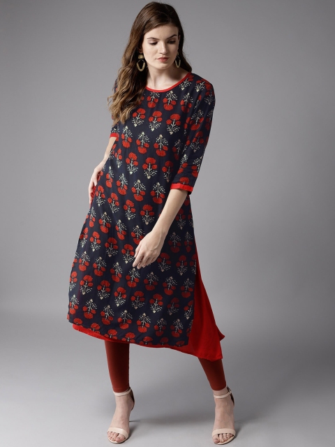 

HERE&NOW Women Navy Blue & Red Layered Printed Kurta with Churidar
