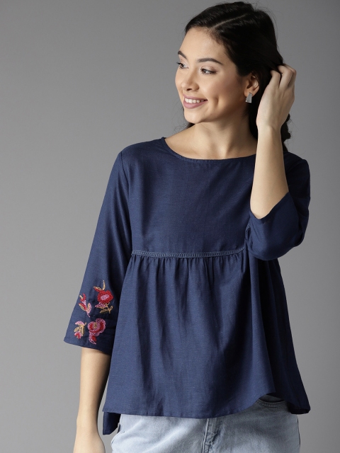 

HERE&NOW Women Navy Blue Solid Empire Top