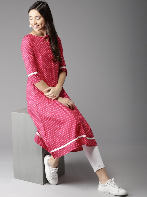 

HERE&NOW Women Pink Striped A-Line Kurta
