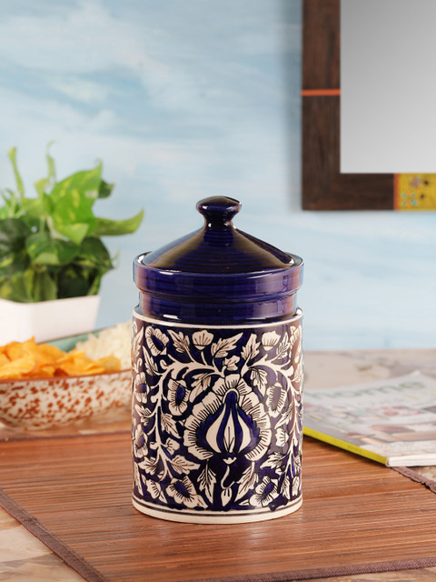 

VarEesha Blue & White Hand Painted Blue Moroccan 8 Inch Ceramic Pickle/ Chutney/ Sugar Jar