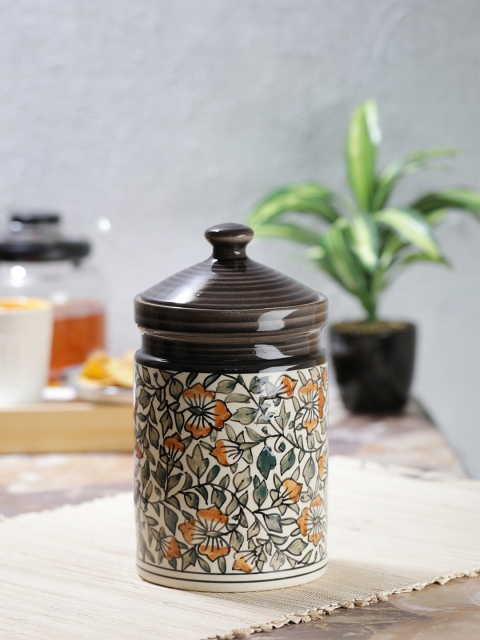 

VarEeshan Brown & Green Hand Painted Green Leaves 8 Inch Ceramic Pickle Jar