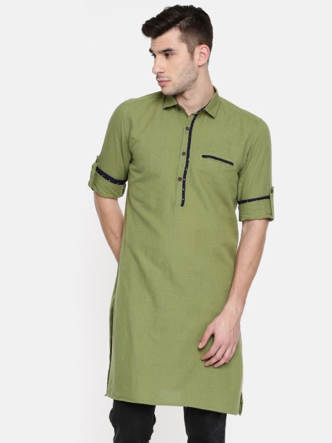 

British Club Men Olive Green Solid Straight Kurta