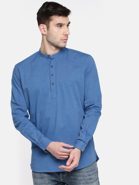 

British Club Men Blue Solid Straight Kurta