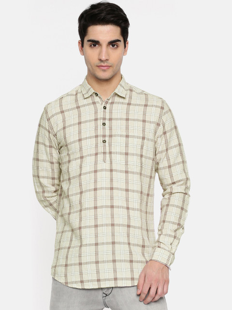 

British Club Men Beige & Maroon Checked Straight Kurta