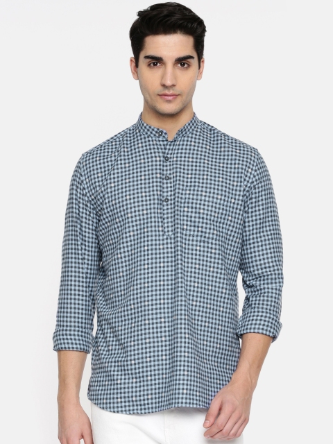 

British Club Men Blue Checked Straight Kurta