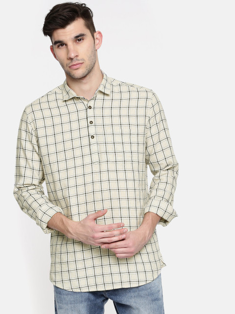

British Club Men Beige & Black Checked Straight Kurta