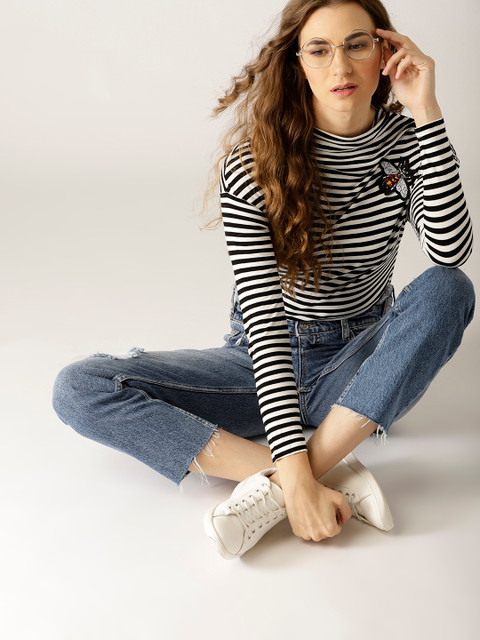 

United Colors of Benetton Women Black & Off-White Striped Top