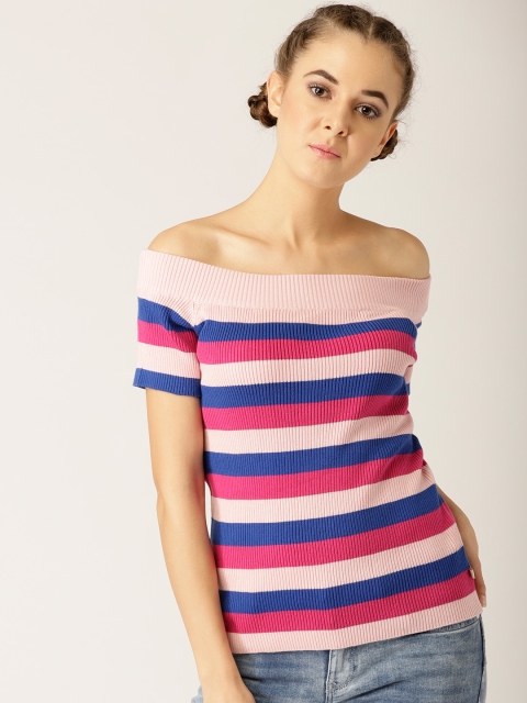 

United Colors of Benetton Women Pink & Blue Striped Bardot Top