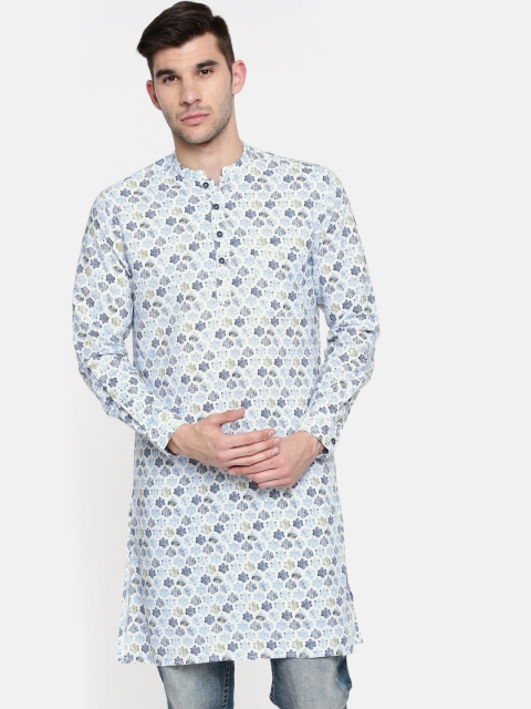 

British Club Men White & Blue Printed Straight Kurta