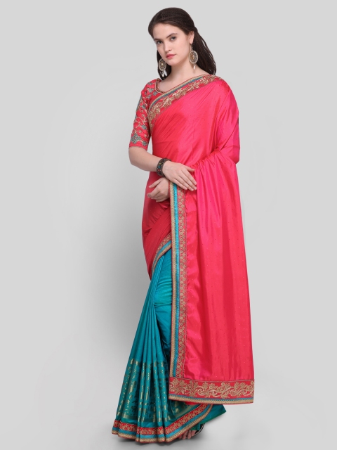 

Shaily Fuchsia & Blue Solid Pure Silk Embellished Half & Half Saree