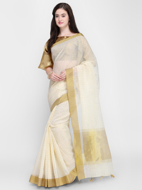 

Shaily Off-White & Gold-Toned Silk Cotton Woven Design Banarasi Saree