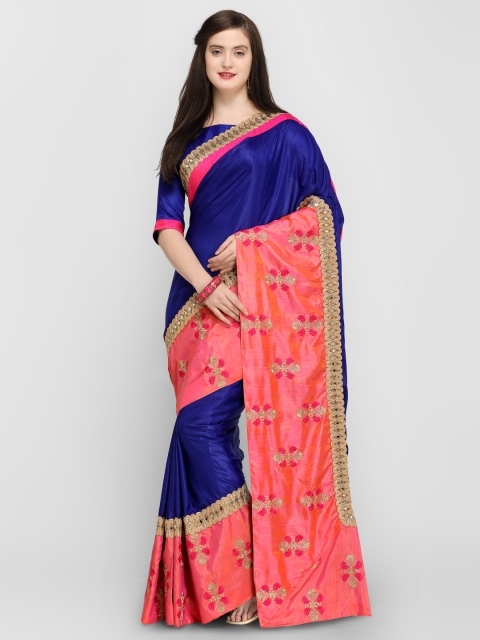 

Shaily Blue & Pink Satin Solid Saree