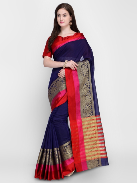 

Shaily Navy Blue & Gold-Coloured Pure Silk Woven Design Kanjeevaram Saree