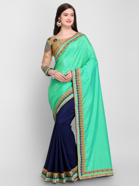 

Shaily Sea Green & Navy Blue Pure Silk Solid Saree