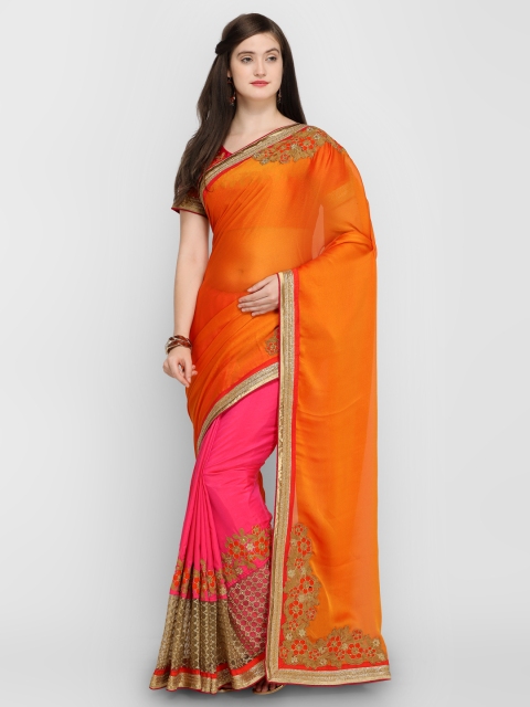 

Shaily Pink & Orange Pure Chiffon Solid Saree