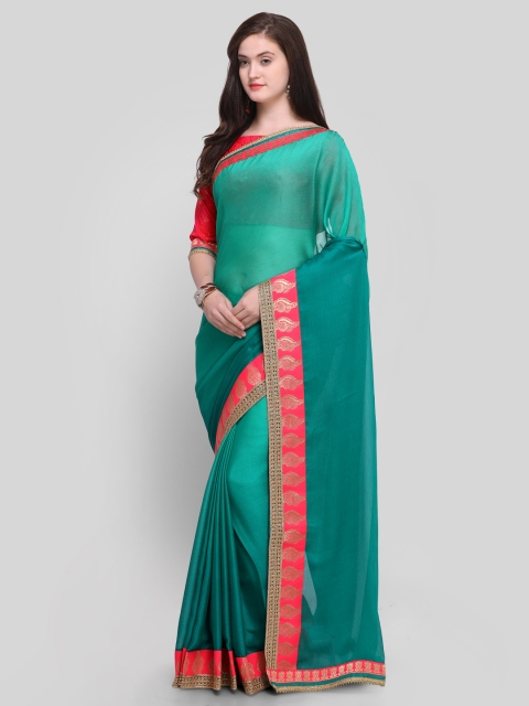 

Shaily Green & Pink Pure Chiffon Solid Saree