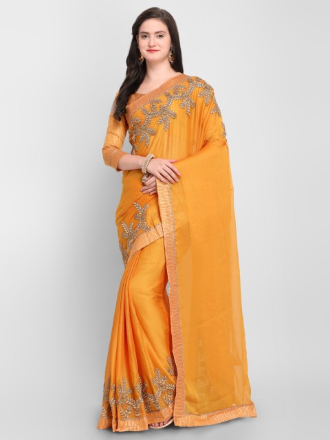 

Shaily Mustard & Gold-Toned Pure Chiffon Embroidered Saree