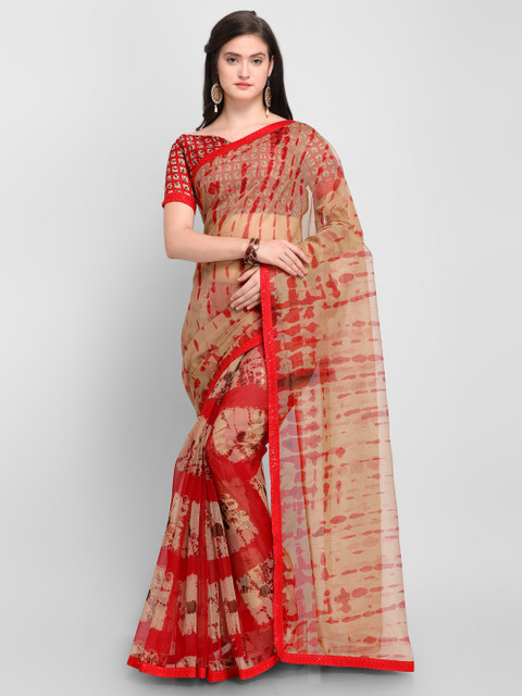 

Shaily Beige & Red Silk Blend Printed Saree