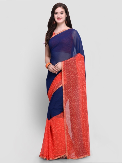 

Shaily Blue & Red Pure Georgette Solid Saree