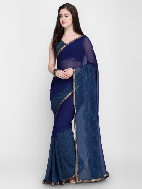 

Shaily Navy Blue & Teal Pure Georgette Solid Saree