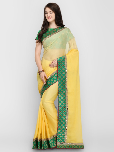 

Shaily Yellow & Green Pure Chiffon Solid Saree