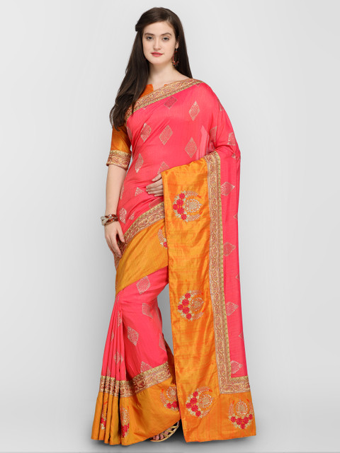 

Shaily Pink & Orange Pure Silk Printed Saree