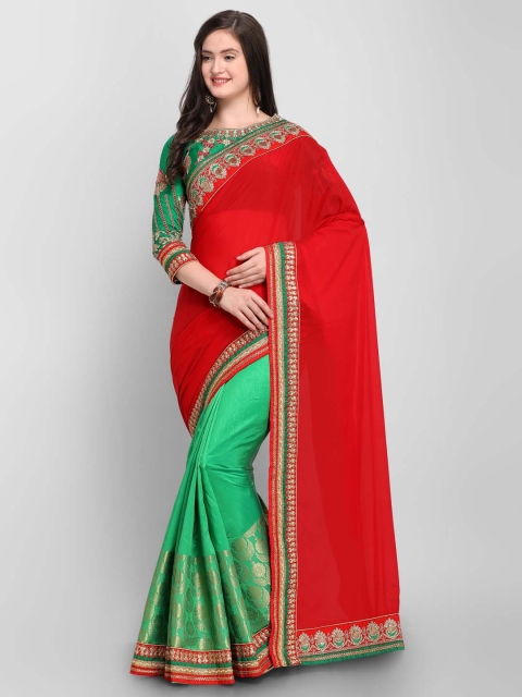 

Shaily Sea Green & Red Pure Silk Solid Saree