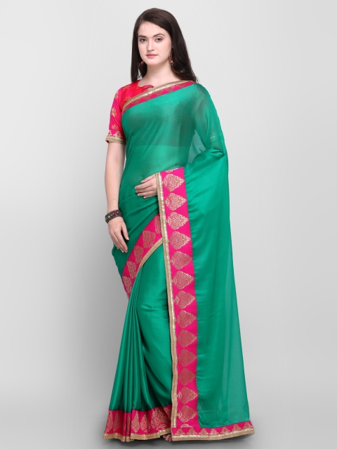 

Shaily Sea Green & Pink Pure Chiffon Solid Saree