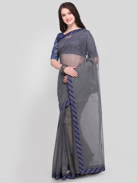 

Shaily Grey & Navy Blue Silk Blend Printed Saree