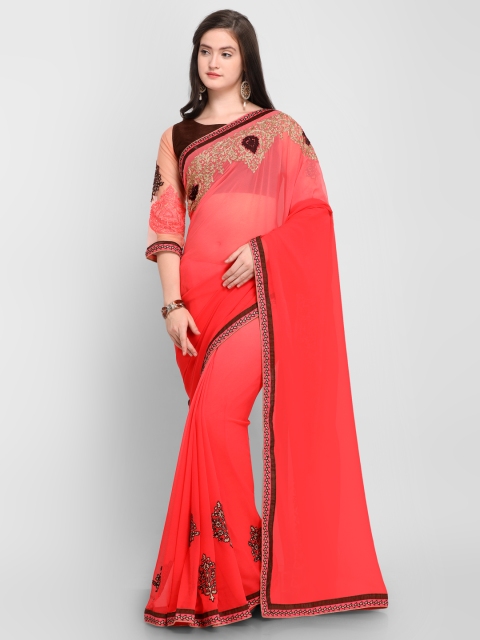 

Shaily Peach-Coloured & Black Pure Georgette Embroidered Saree