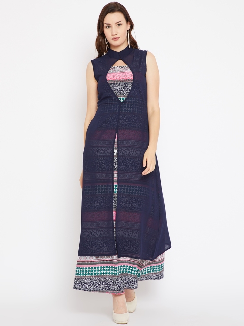 

Cottinfab Women Navy Blue & Pink Printed Maxi Dress