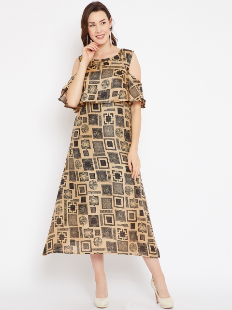 

Cottinfab Women Golden & Black Printed A-Line Dress, Gold