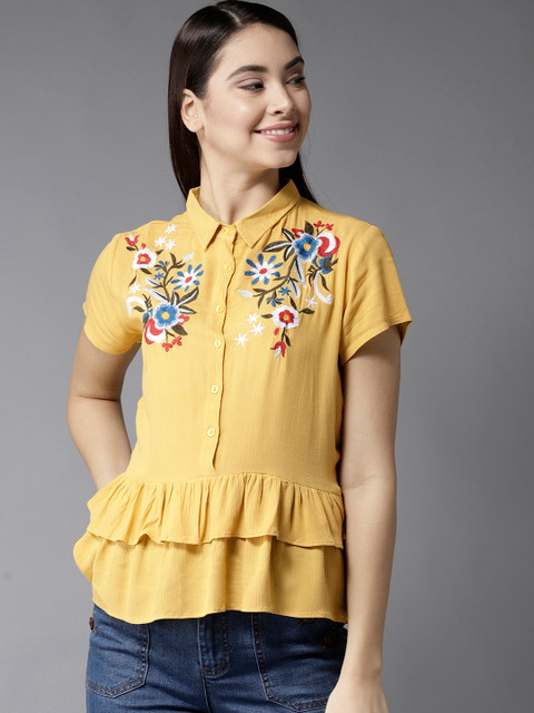 

Moda Rapido Women Mustard Yellow Embroidered Shirt Style Top