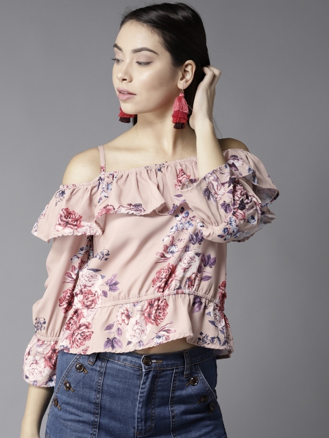 

Moda Rapido Women Beige & Blue Printed Bardot Top